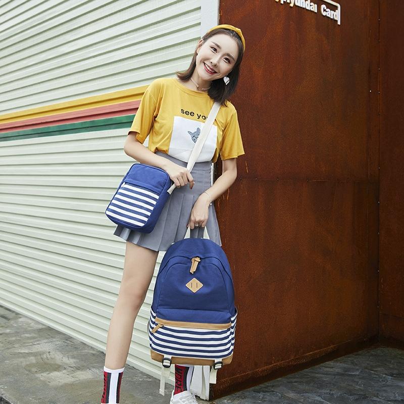 Printed Canvas Backpack Set - 3 Pieces - Navy Blue