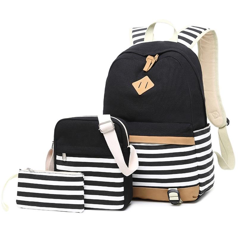 Printed Canvas Backpack Set - 3 Pieces - Navy Blue