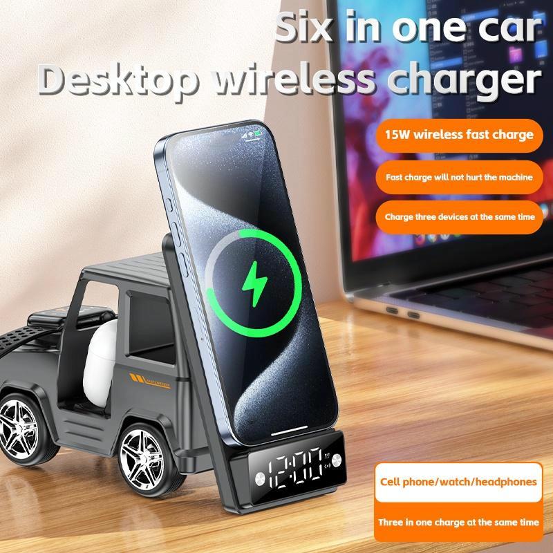 6 In 1 Car Shape Speaker With Clock & Wireless Charger - White