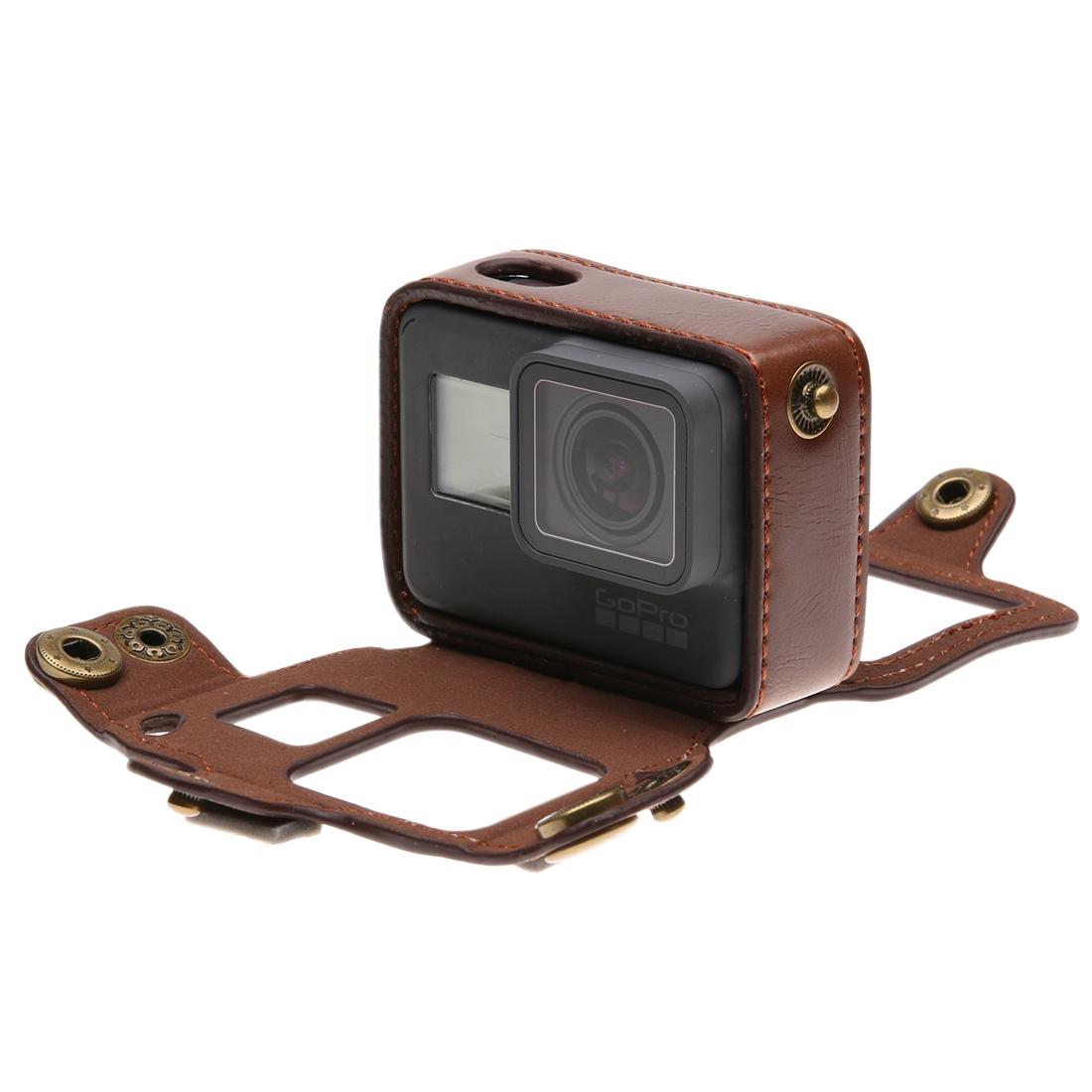 Leather Housing Case with Neck Strap and Buttons for Gopro Hero7 / 6 / 5 - Black - Coffee