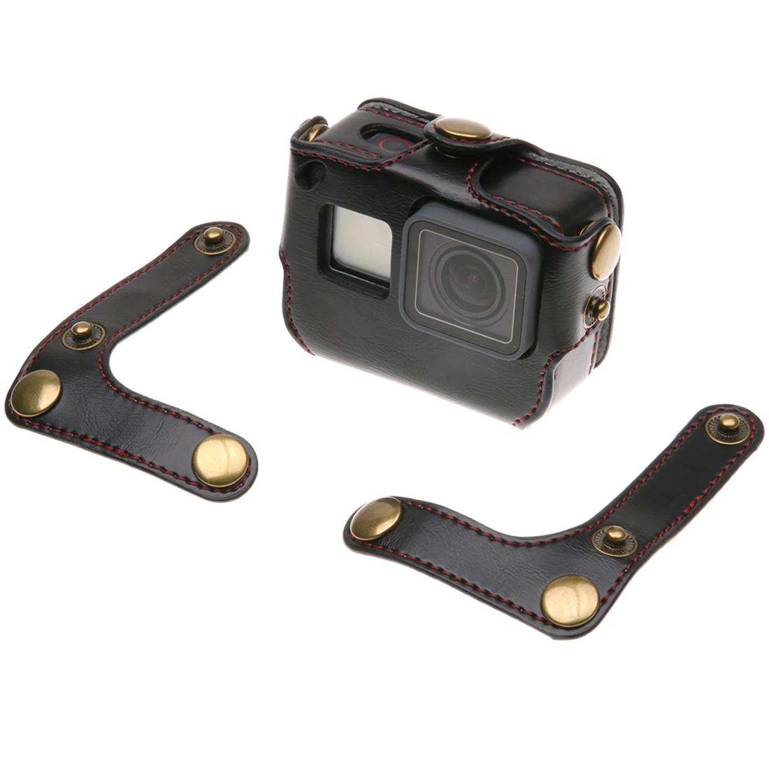 Leather Housing Case with Neck Strap and Buttons for Gopro Hero7 / 6 / 5 - Black - Coffee