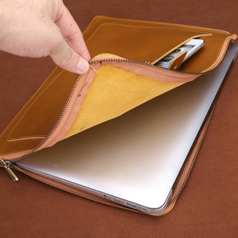 Leather Laptop Tablet Bag with Zipper for Macbook Samsung Sony Dell Alienware Chuwi Asus Hp - Coffee
