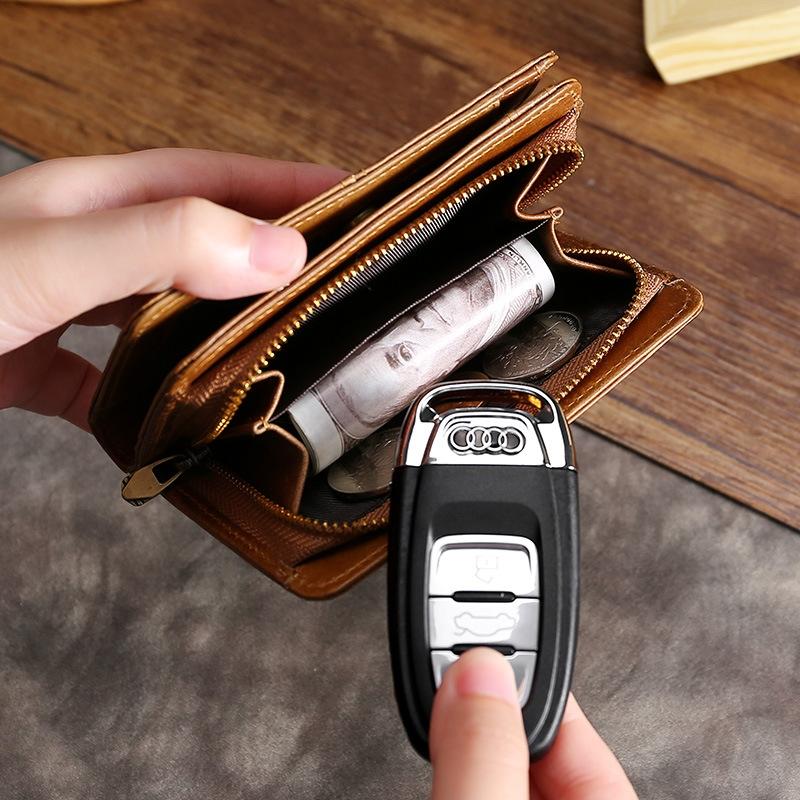 Oilskin Leather Rfid Change Purse - Brown - Coffee