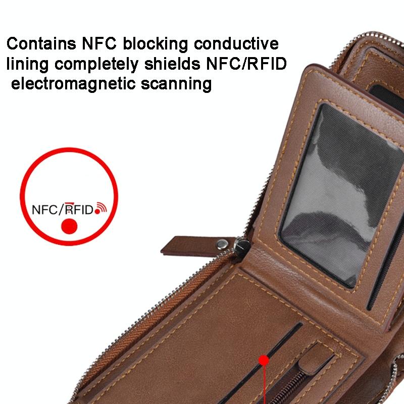 Men Retro Rfid Zip Wallet - Zipper Closure - Dark Coffee