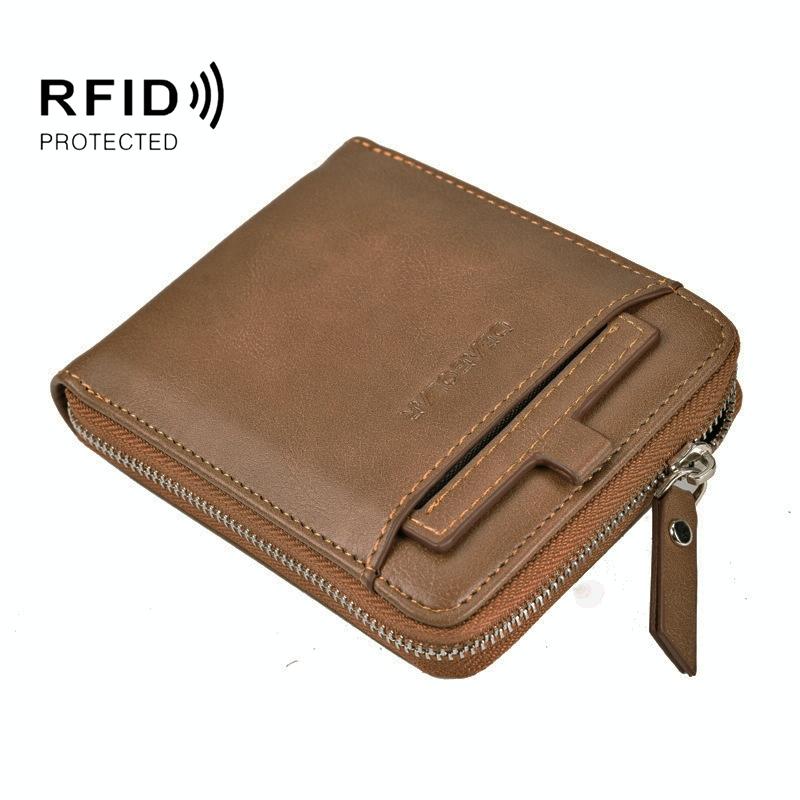Men Retro Rfid Zip Wallet - Zipper Closure - Dark Coffee