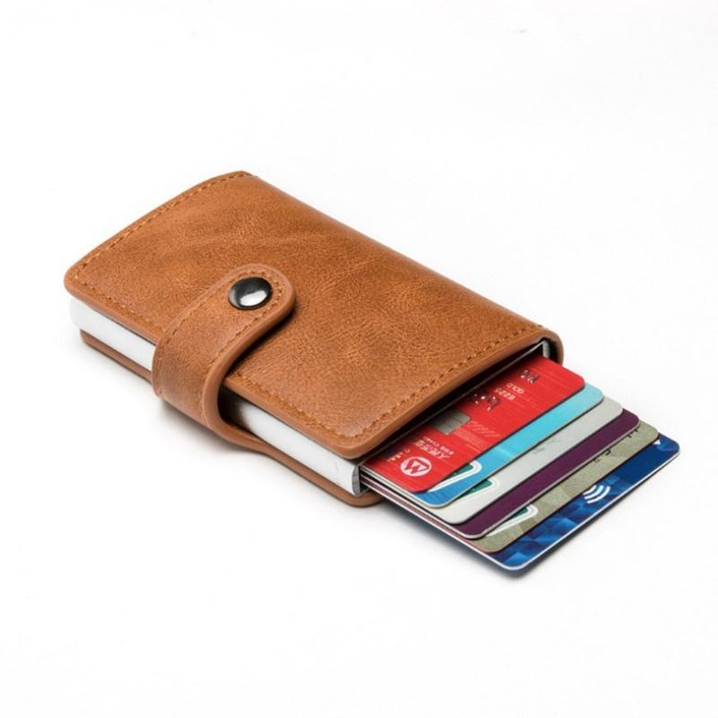 Rfid-protected Leather Card Wallet - Pu Material - Coffee