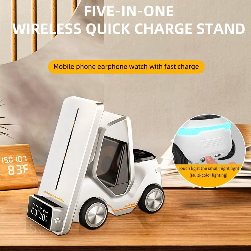 5 In 1 Car Desktop Alarm Clock With Wireless Charging - Orange