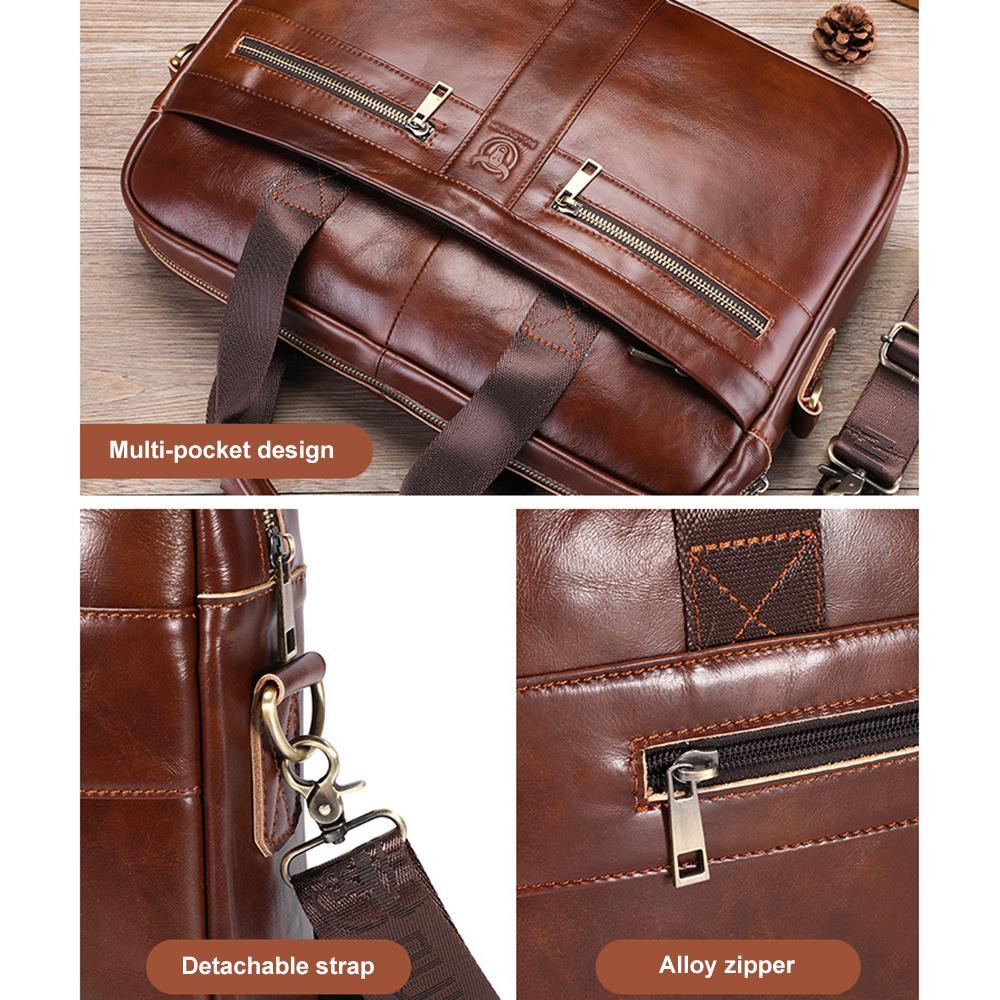 Large Capacity Retro Cowhide Briefcase - Coffee Metal
