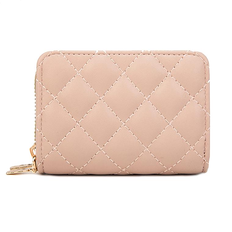 Double Layer Zipper Wallet Multi Card Slot Large Capacity Rhombus Design - Coffee