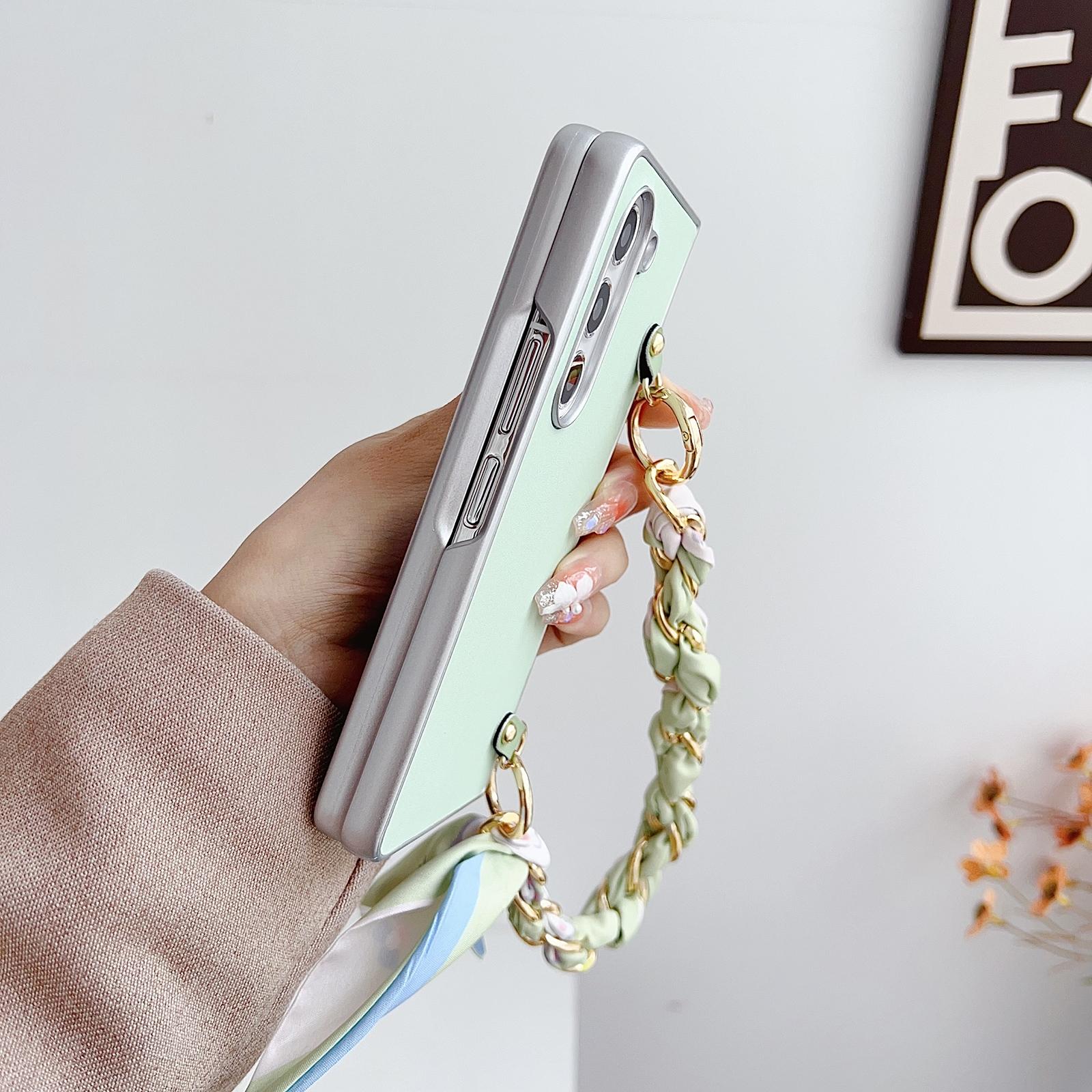 For Samsung Galaxy Z Fold4 5G Leather Phone Case With Metallic Paint And Scarf Bracelet - Green