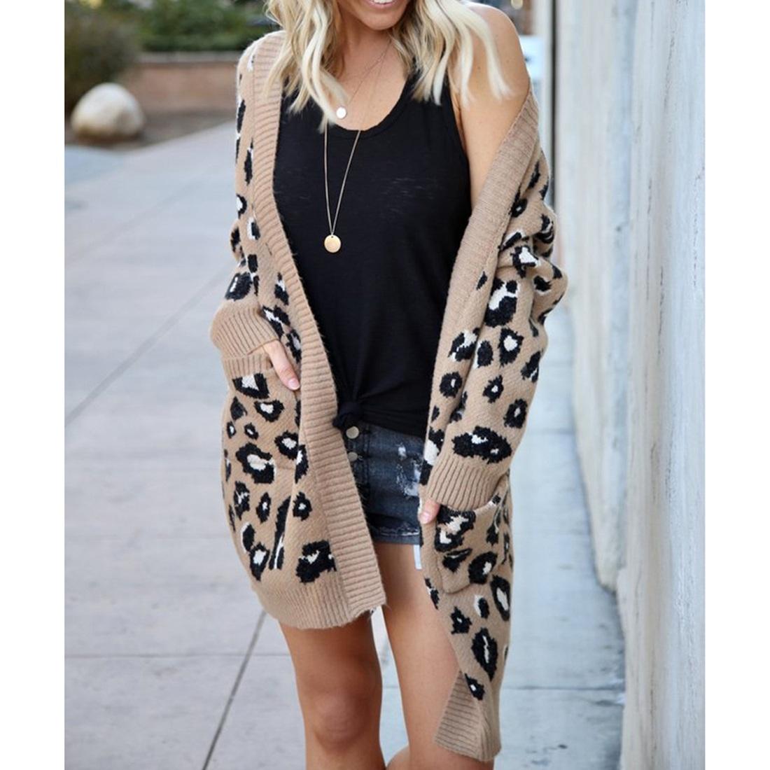 Fashion Leopard Cardigan Knit Sweater Khaki - Xl