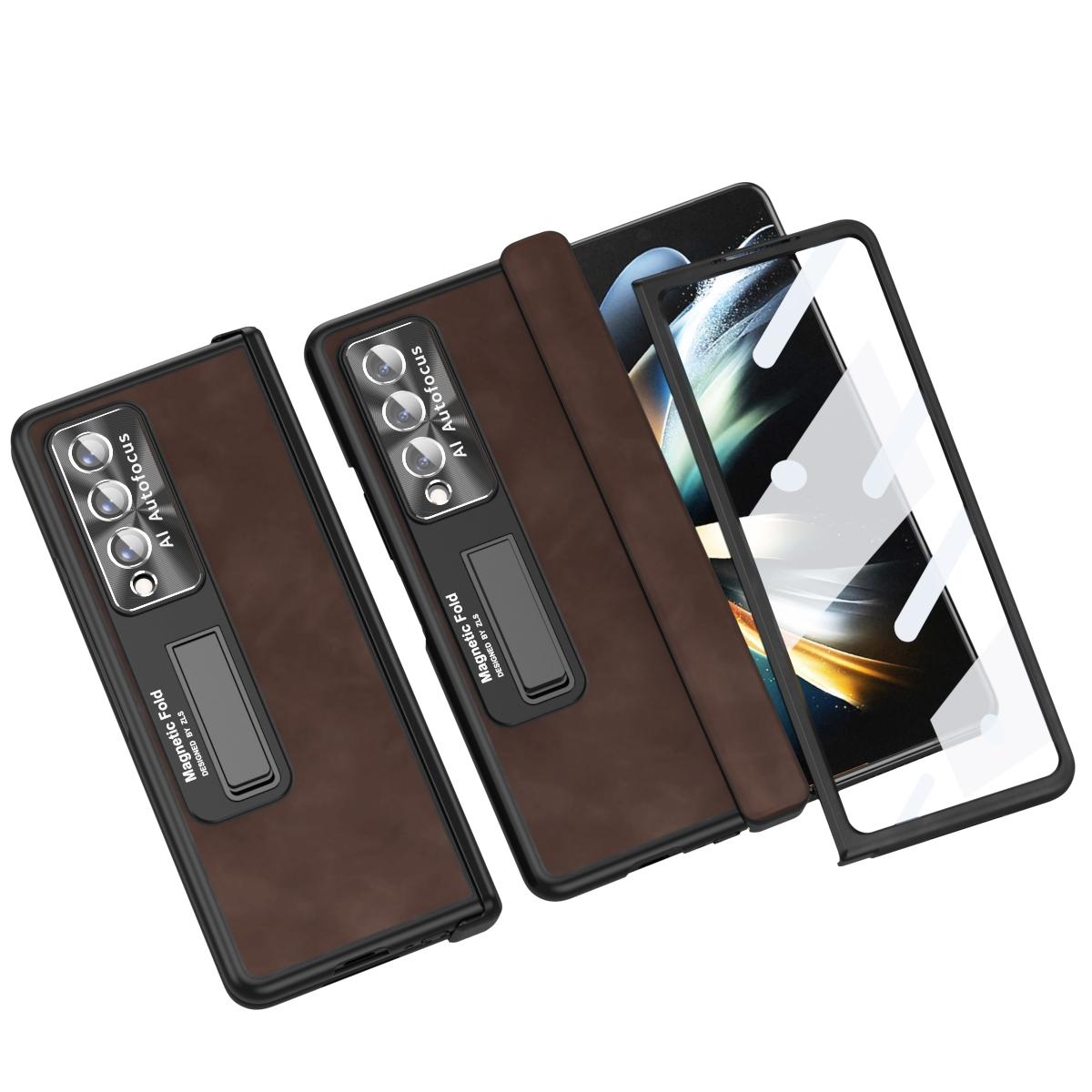 For Samsung Galaxy Z Fold4 5G Napa Texture All-In-One Phone Case - Coffee