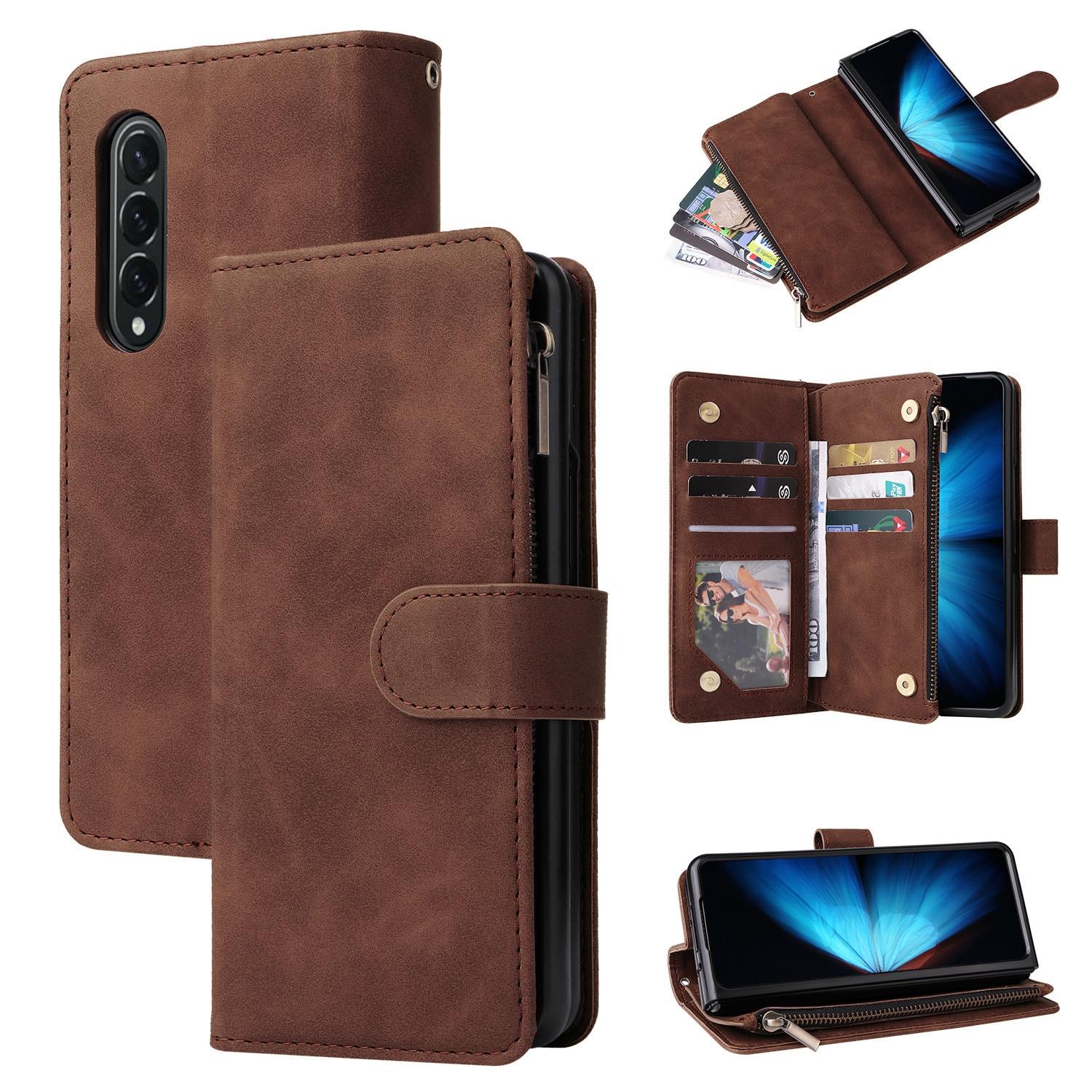 For Samsung Galaxy Z Fold4 5G Frosted Leather Zip Wallet - Compact And Stylish - Coffee
