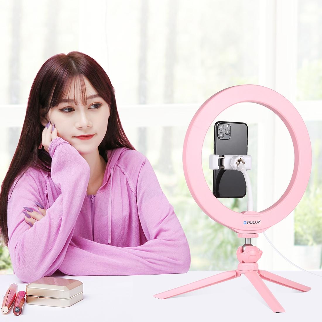 10.2 Selfie Beauty Light with Tripod Mount and Usb 3 Modes Dimmable Led Ring for Vlogging and Photography Cold Shoe Ball Head and Phone Clamp - Pink