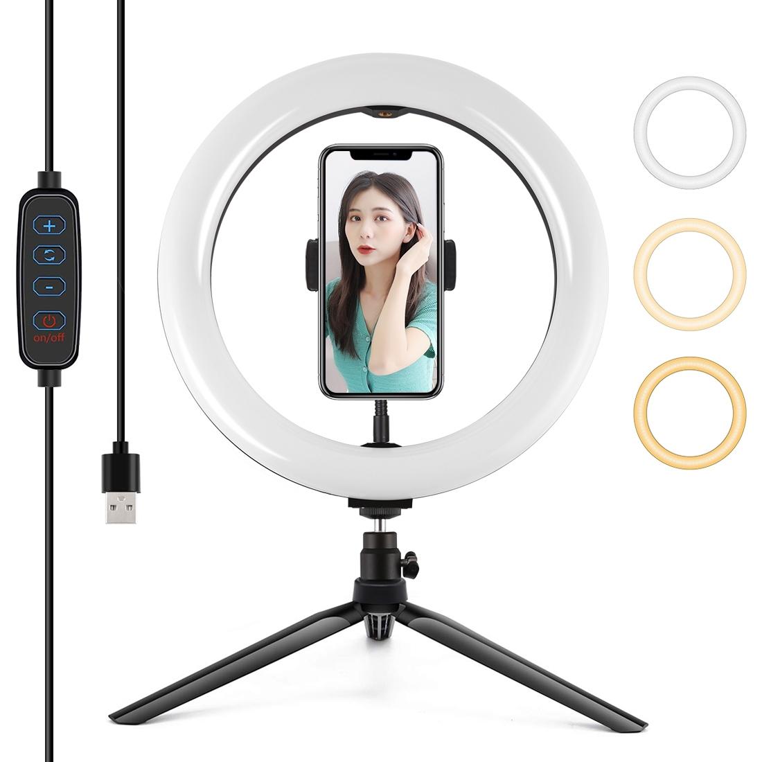 10.2 Selfie Beauty Light with Tripod Mount and Usb 3 Modes Dimmable Led Ring for Vlogging and Photography Cold Shoe Ball Head and Phone Clamp - Pink