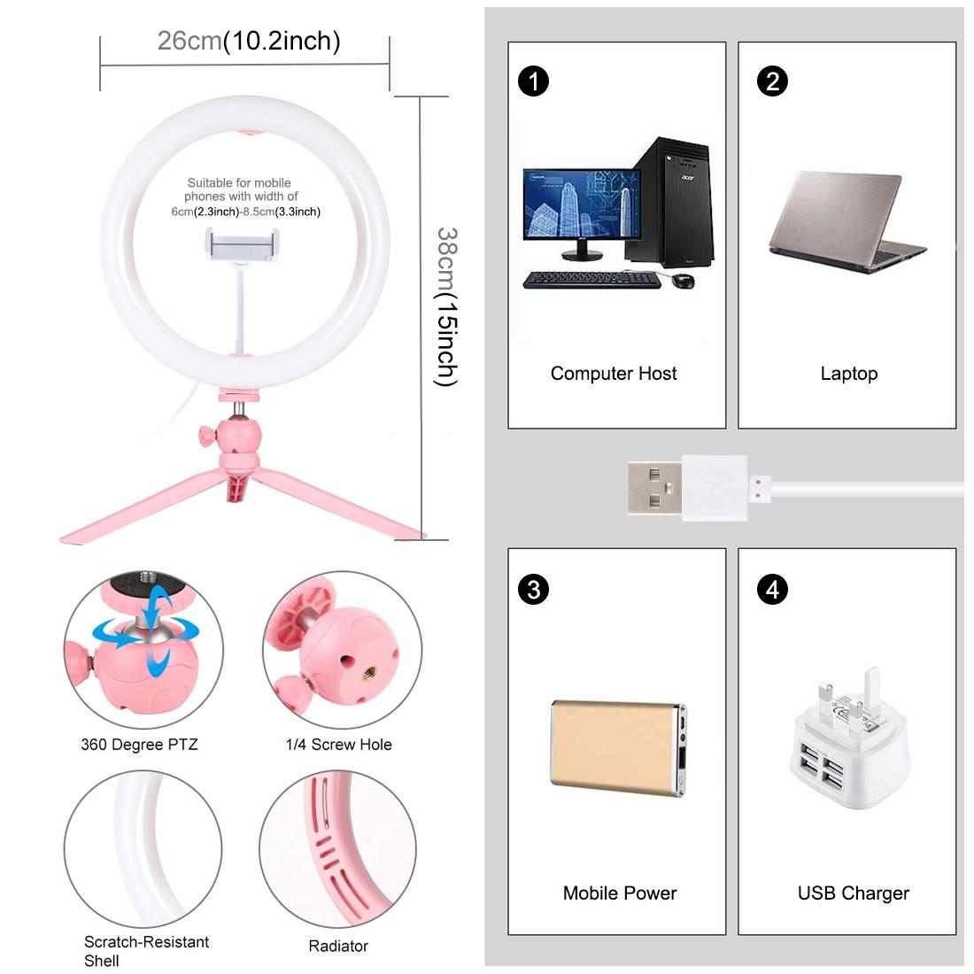 10.2 Led Ring Light with Tripod and Phone Clamp - 3 Modes Dual Colour Temperature Dimmable - Pink