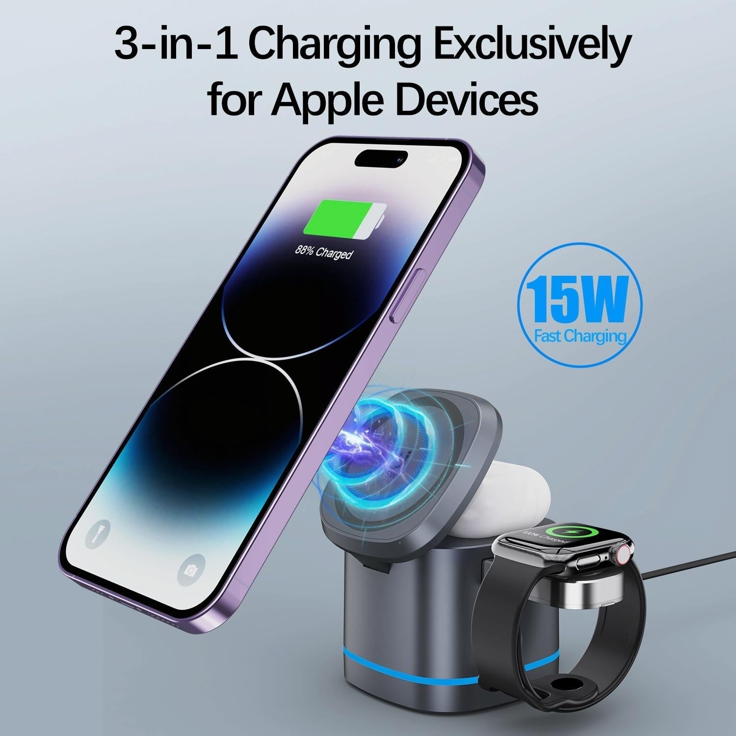 15W 3 In 1 Magnetic Wireless Charger - Grey