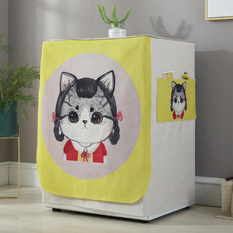 Cartoon Cotton Linen Drum Roller Washing Machine Dust Cover - 83x60x60cm Size - Cat