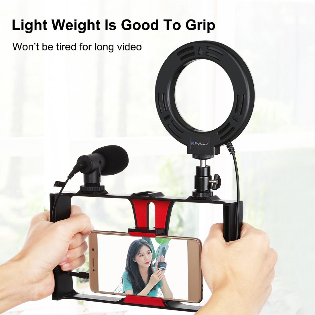 Vlogging Live Broadcast Smartphone Video Rig With 4.7 Inch Rgbw Ring Led Selfie Light Microphone And Pocket Tripod Mount Kit - Blue