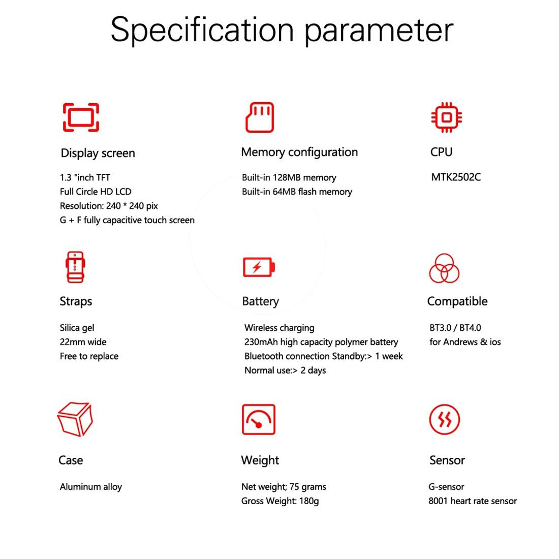 1.3 Inch Tft Screen Mtk2502C Bluetooth4.0 Silicone Watch Band Support Heart Rate Monitor & Pedometer & Sleep Monitor & Sedentary Reminder - Red