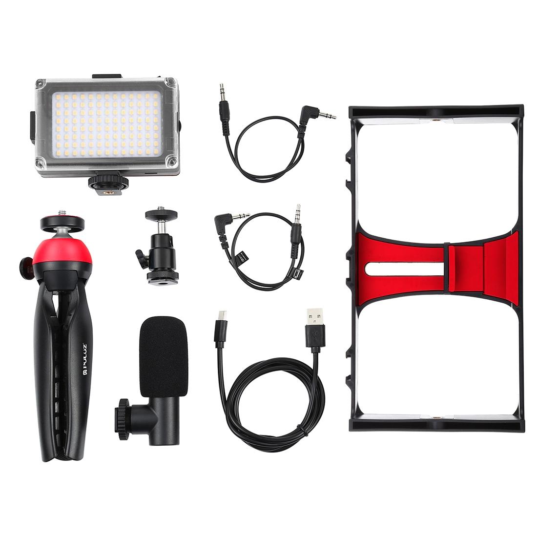 Live Broadcast Vlogging Kit With Led Light Microphone Tripod & Cold Shoe Head - Red