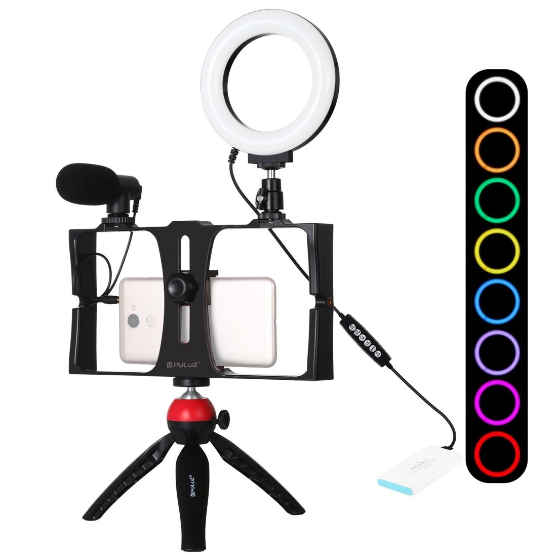 Vlogging Live Broadcast Smartphone Video Rig With 4.7 Inch Rgbw Ring Led Selfie Light Microphone And Pocket Tripod Mount Kit - Red