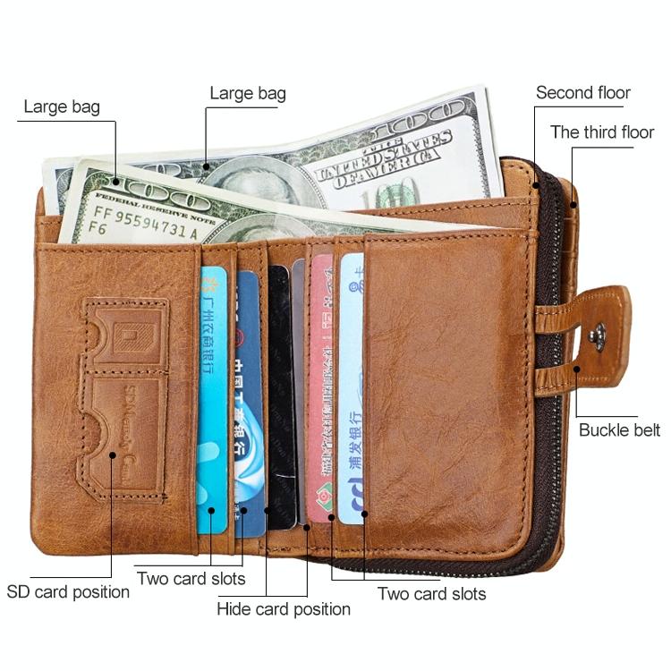 Zip Rfid Crazy Horse Leather Wallet - Brown - Red