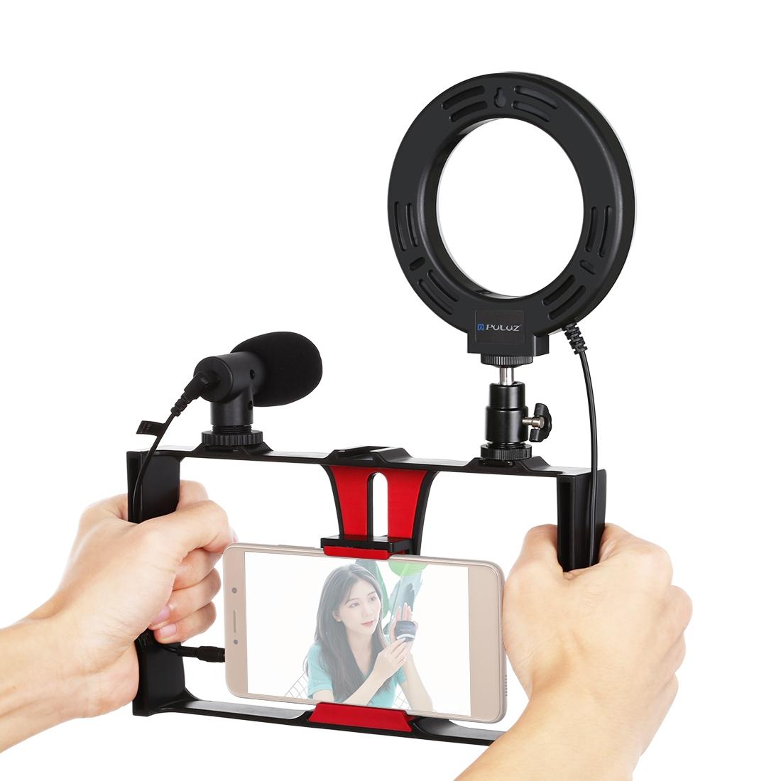 3-In-1 Vlogging Kit With Smartphone Rig Microphone And Led Ring Light - Red