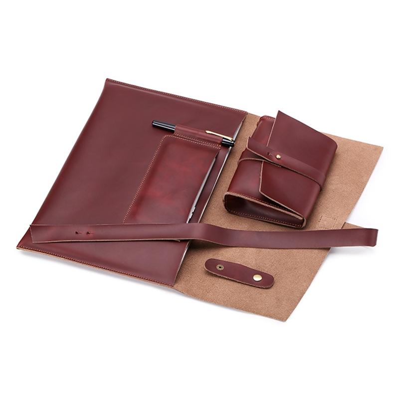 13.3 Inch Genuine Leather Laptop Bag With Power Adapter And Cable Winder - Rufous