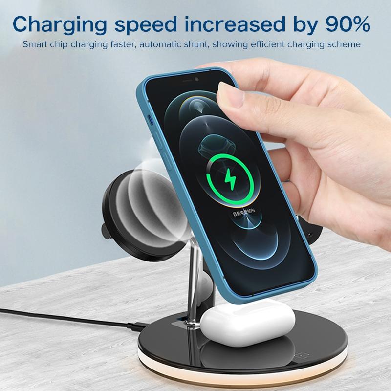 15W 3 In 1 Magnetic Wireless Charger For Phones Watches And Airpods With Led Light - White