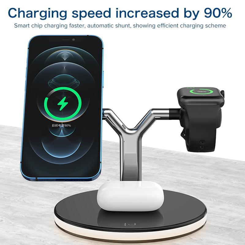 15W 3 In 1 Magnetic Wireless Charger For Phones Watches And Airpods With Led Light - White
