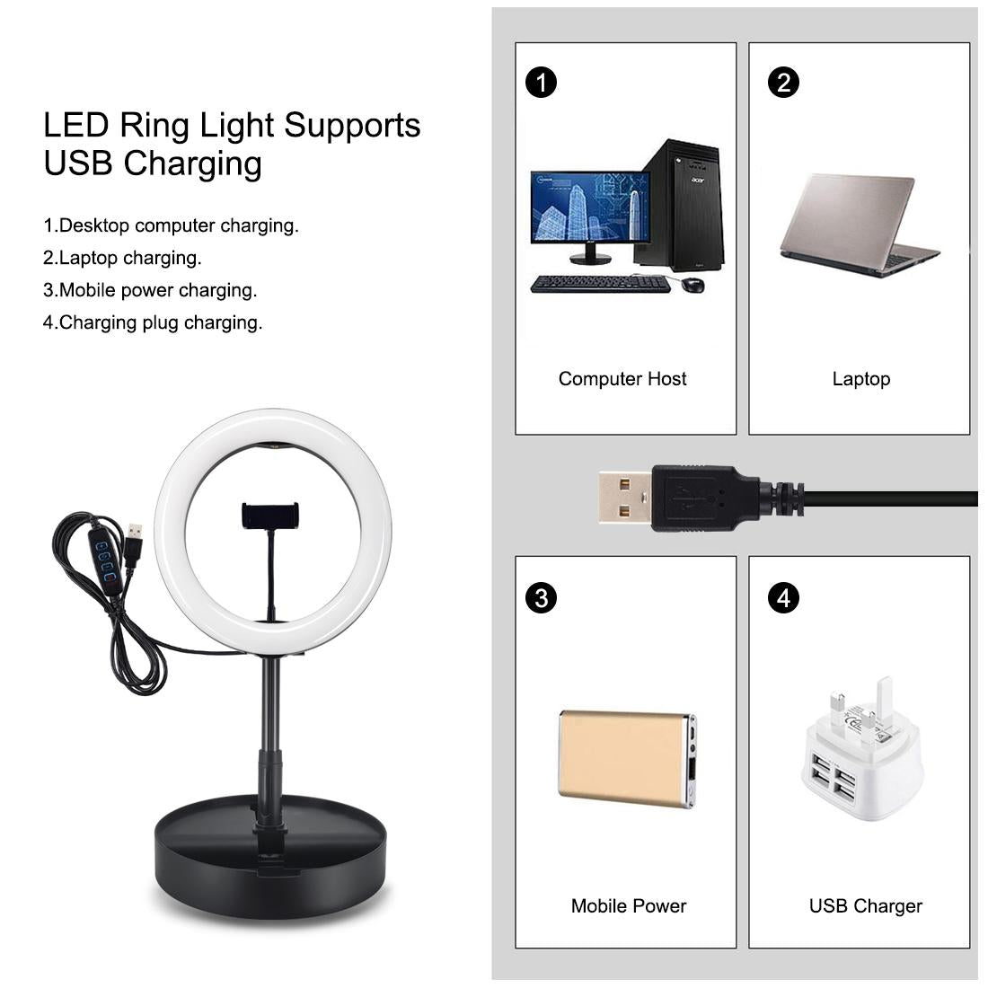10.2 Dual-colour Led Ring Light with Usb Bluetooth Remote and Phone Holder - White