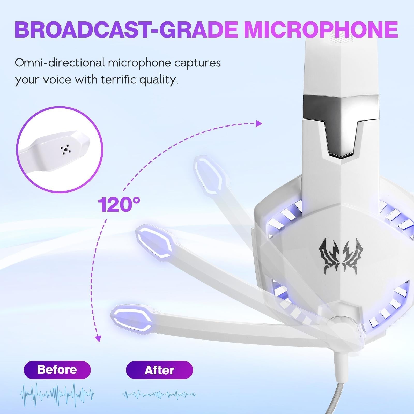 Over-Ear Gaming Headset With Mic Led Light And Stereo Bass For Pc Gamer - White