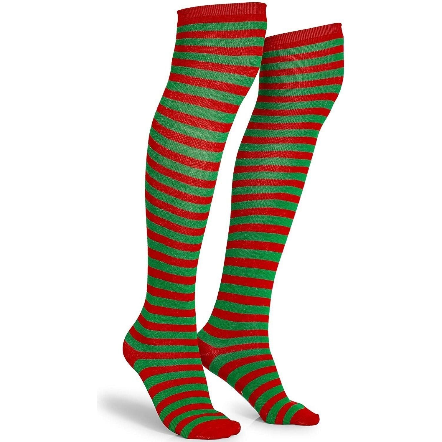 10x Christmas Over The Knee Socks Red Green Xmas Candy Cane Striped Elf Bulk