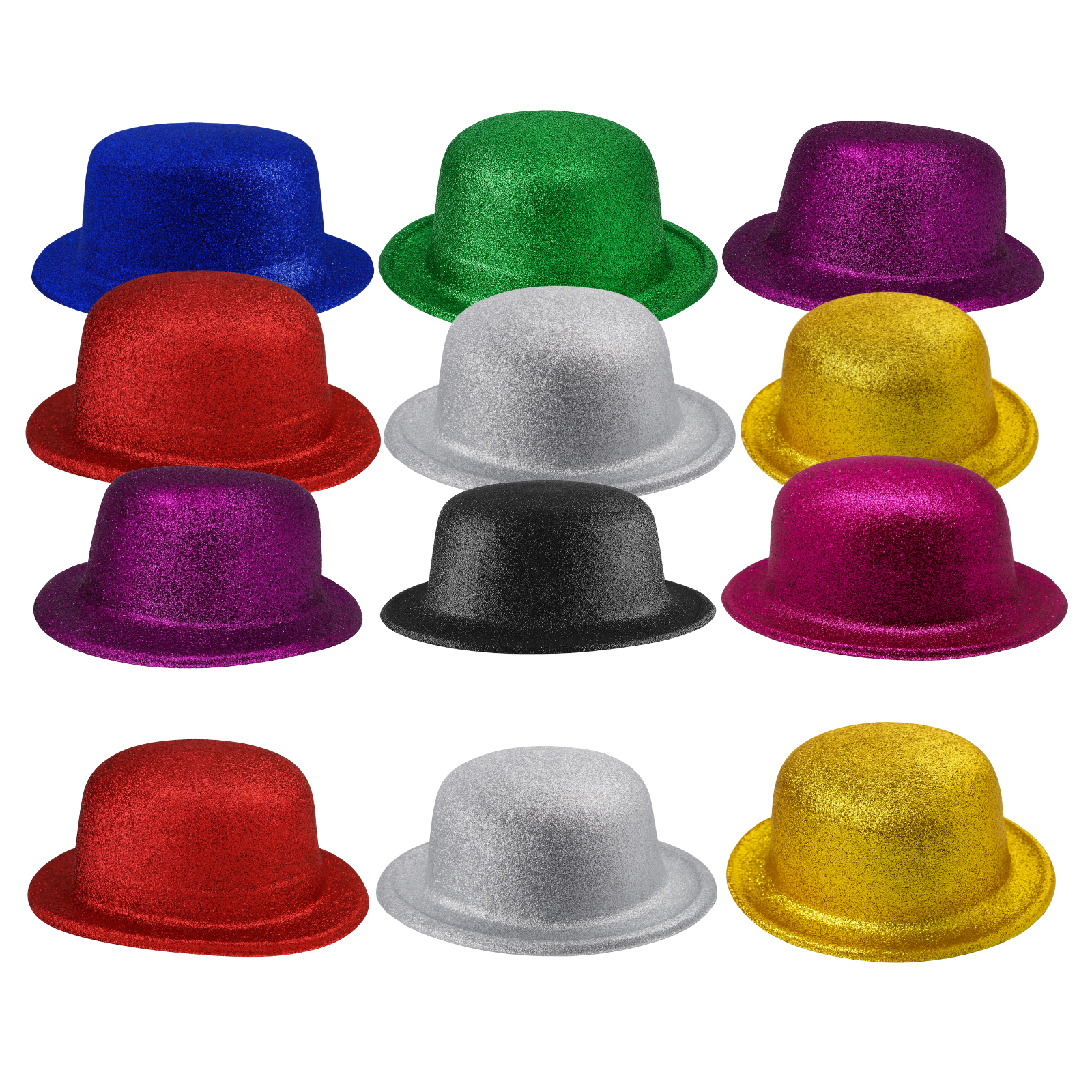 12x GLITTER BOWLER HAT Fancy Party Plastic Costume Cap Fun Dress Up Sparkle BULK - Assorted Colour Pack