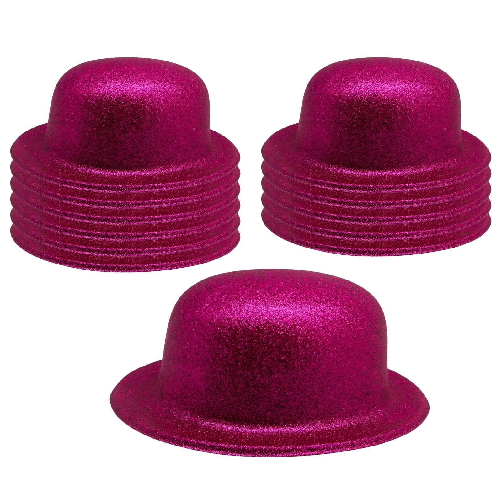 12x GLITTER BOWLER HAT Fancy Party Plastic Costume Cap Fun Dress Up Sparkle BULK - Hot Pink