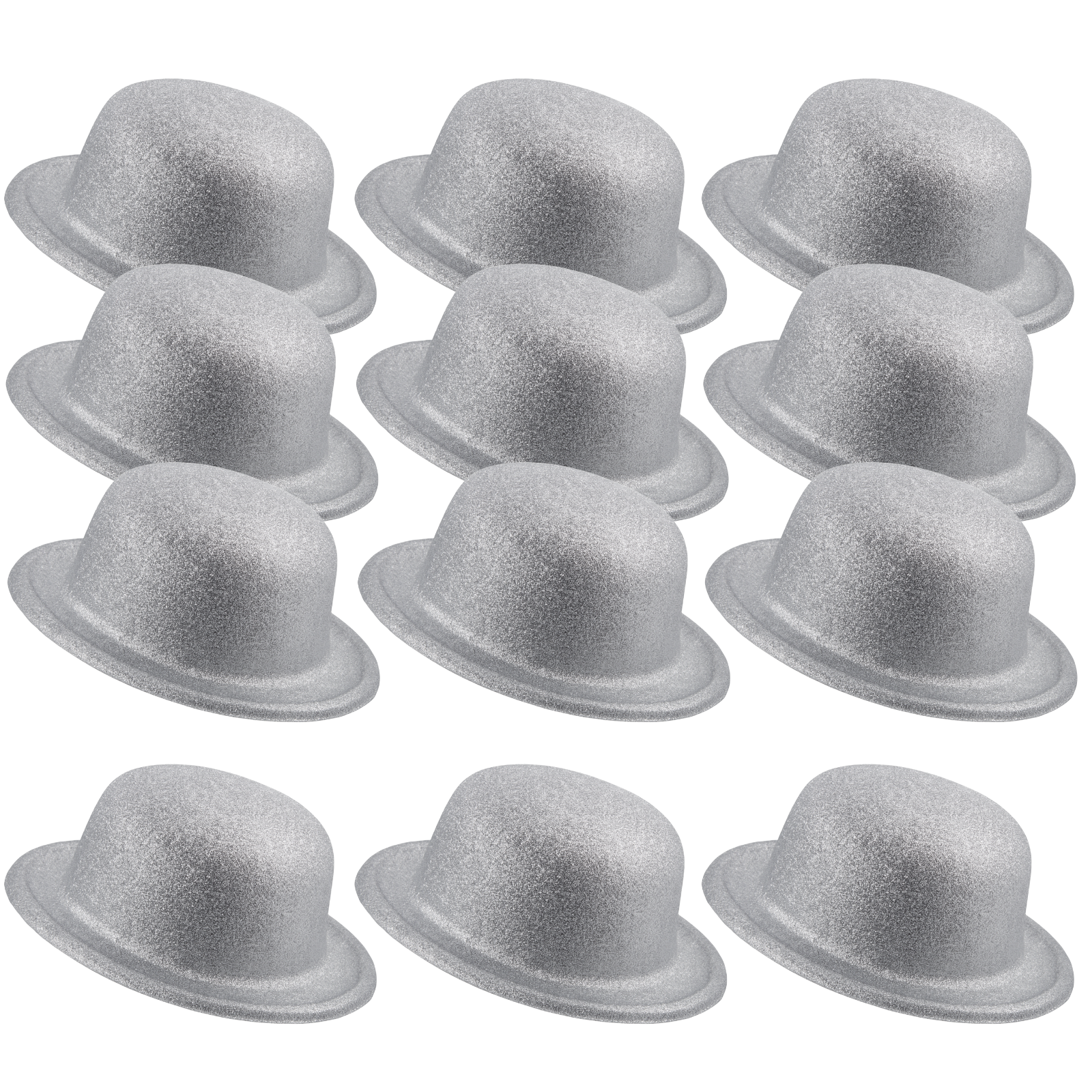 12x GLITTER BOWLER HAT Fancy Party Plastic Costume Cap Fun Dress Up Sparkle BULK - White/Silver