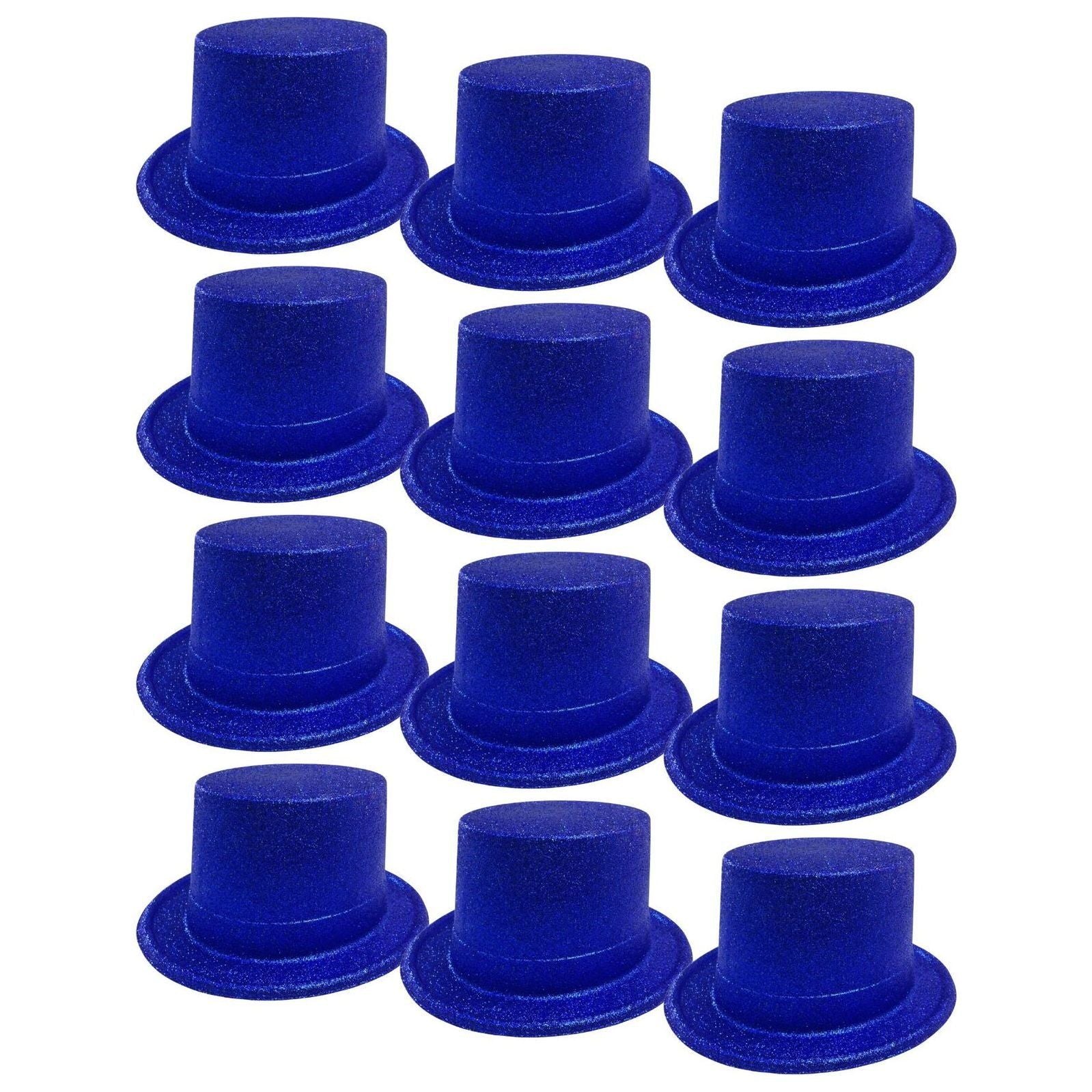 12x GLITTER TOP HAT Fancy Party Plastic Costume Tall Cap Fun Dress Up BULK - Blue
