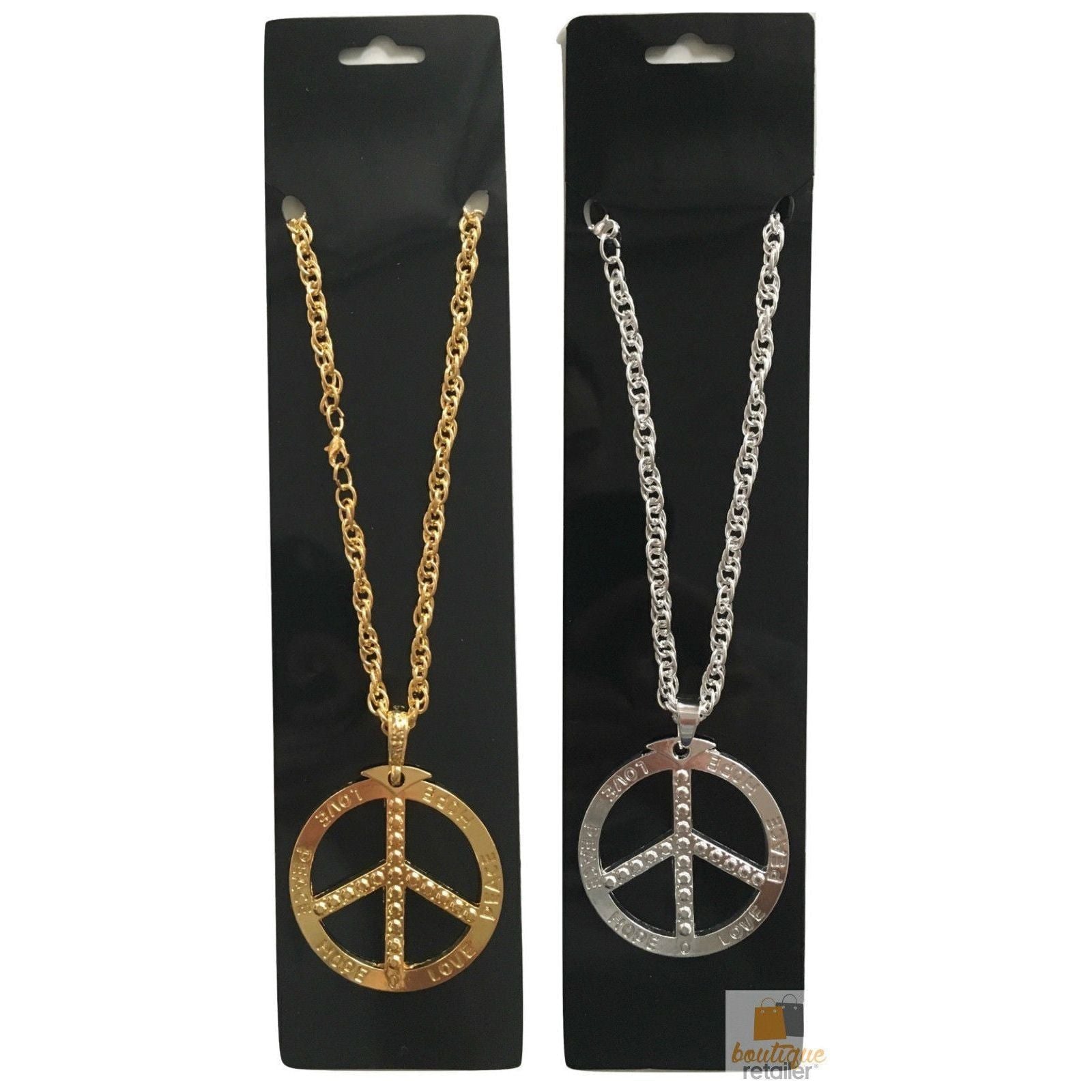 PEACE Sign Metal Necklace Chain Hippie Costume Party Pendant Chain Jewellery 70s 60s - Silver