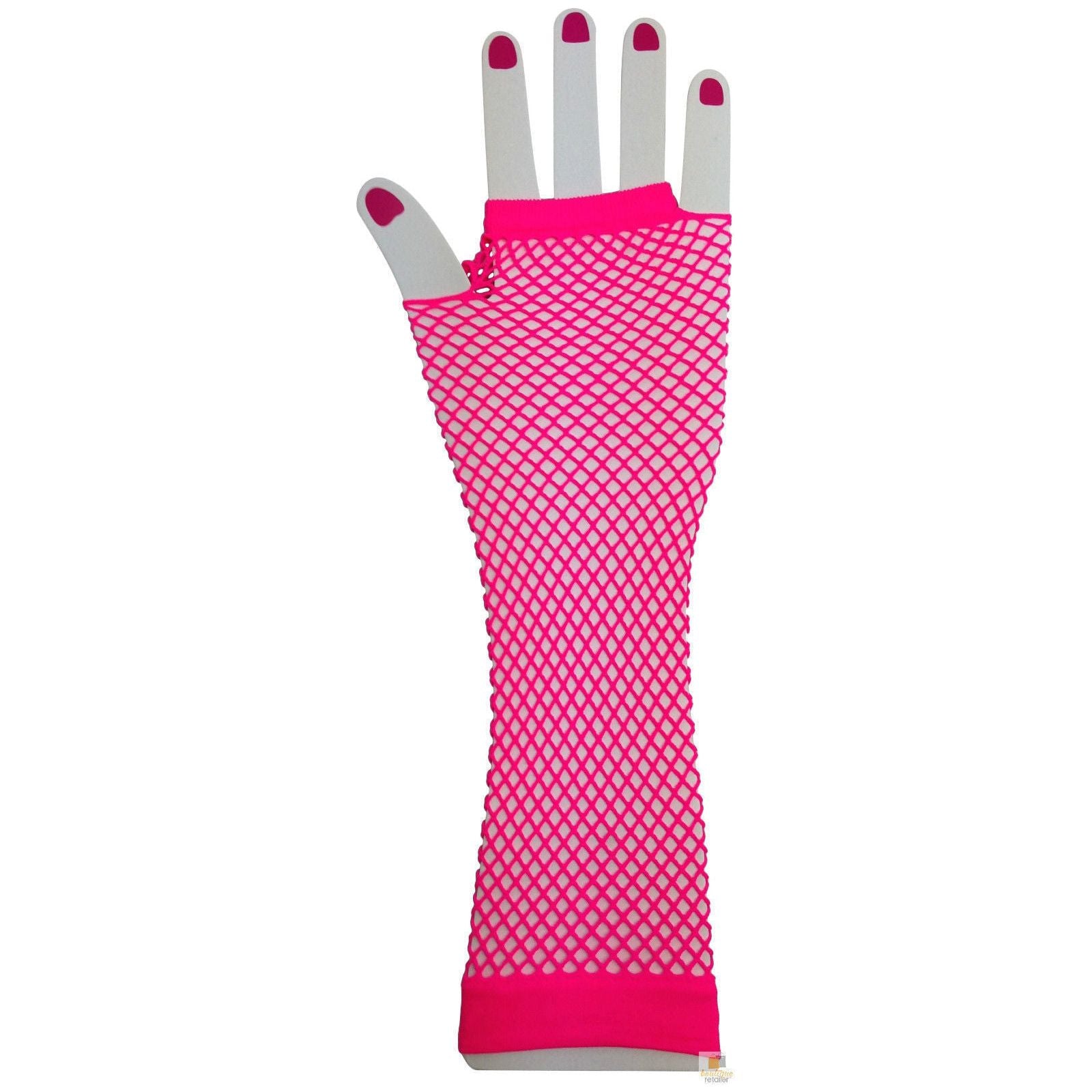 FISHNET GLOVES Fingerless Elbow Length 70s 80s Womens Costume Party Dance - Hot Pink - One Size