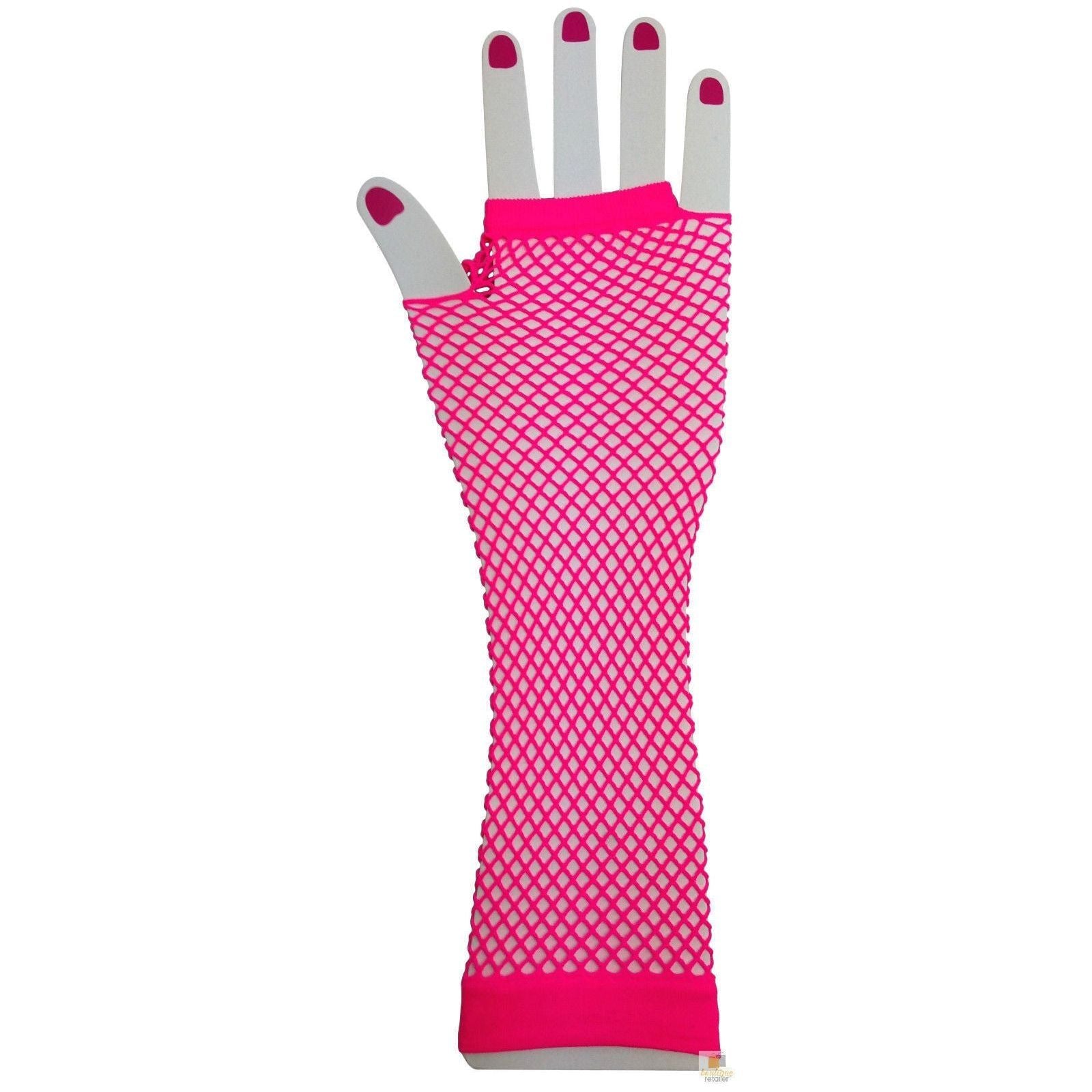 FISHNET GLOVES Fingerless Elbow Length 70s 80s Womens Costume Party Dance - Hot Pink - One Size