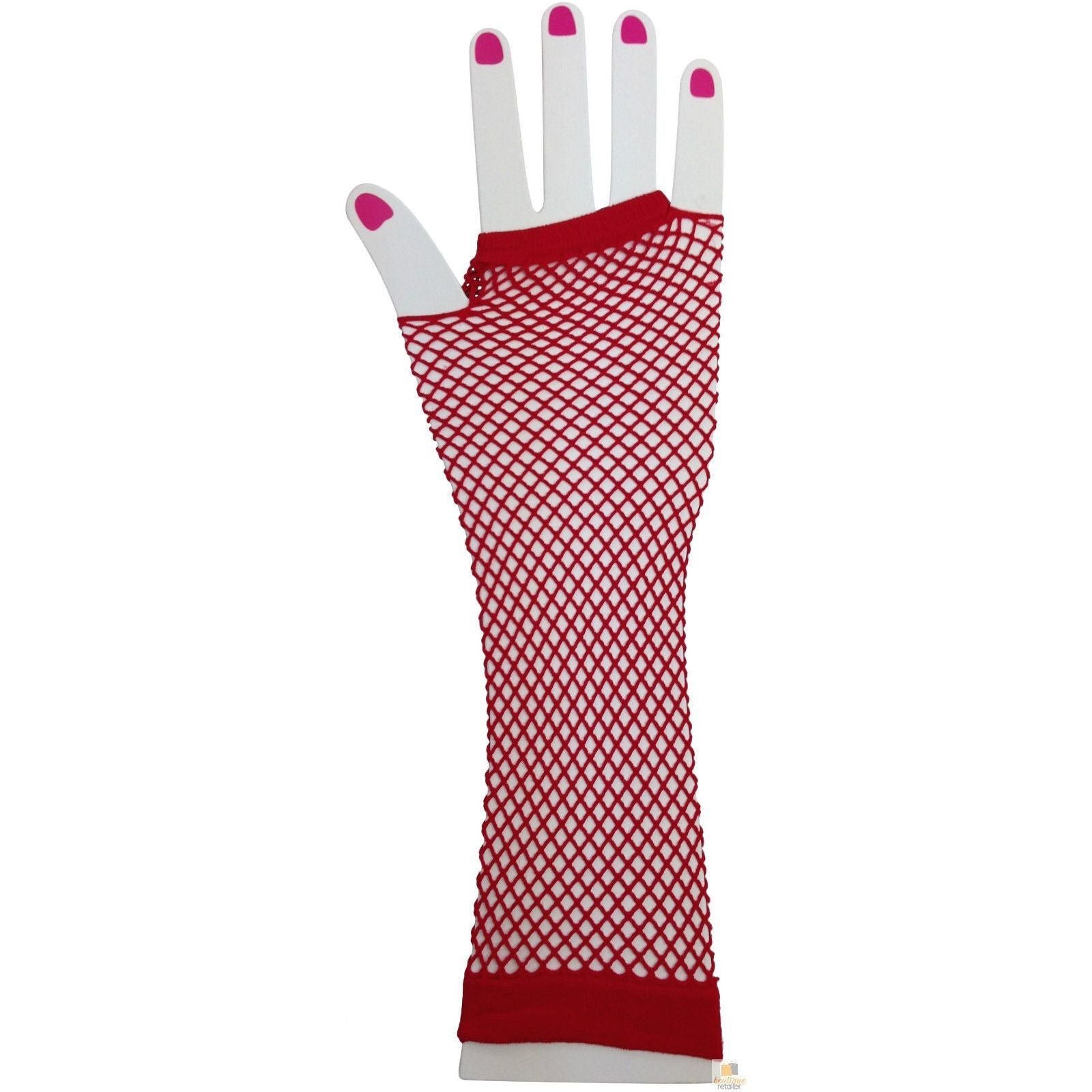 FISHNET GLOVES Fingerless Elbow Length 70s 80s Womens Costume Party Dance - Red - One Size