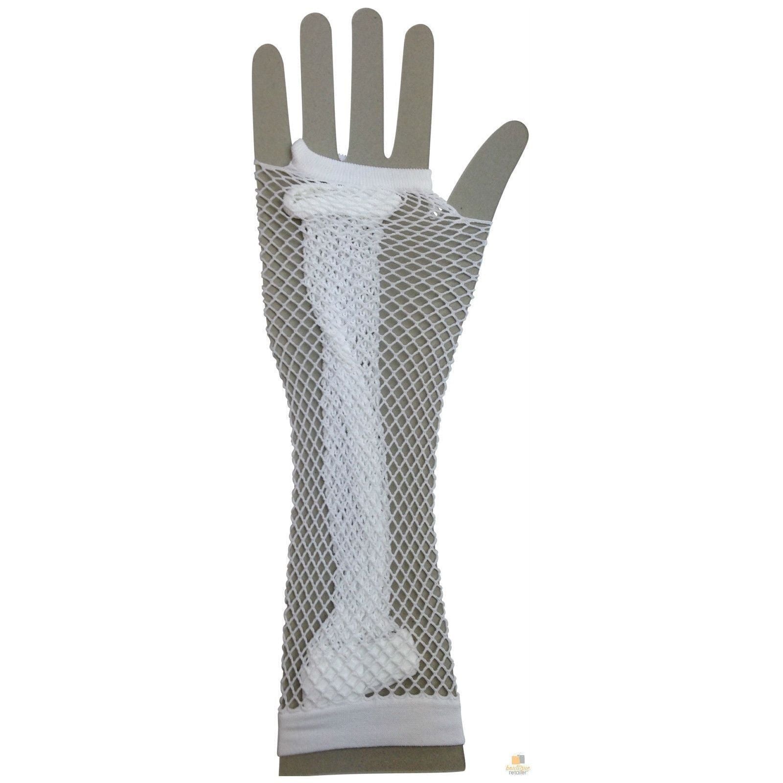 FISHNET GLOVES Fingerless Elbow Length 70s 80s Womens Costume Party Dance - White - One Size