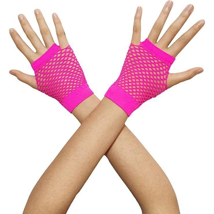 1 Pair Fishnet Gloves Fingerless Wrist Length 70s 80s Costume Party - Hot Pink