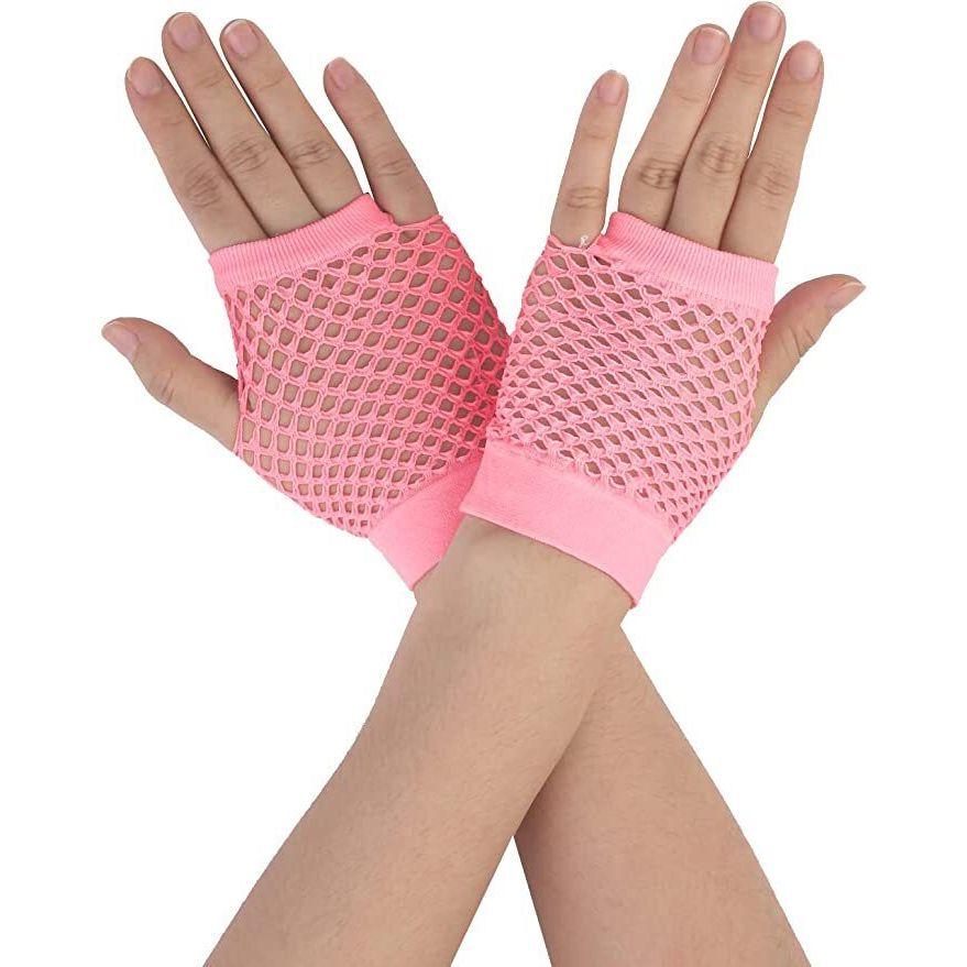 1 Pair Fishnet Gloves Fingerless Wrist Length 70s 80s Costume Party - Light Pink