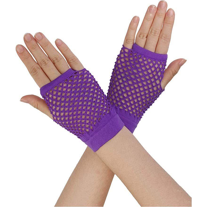 1 Pair Fishnet Gloves Fingerless Wrist Length 70s 80s Costume Party - Purple