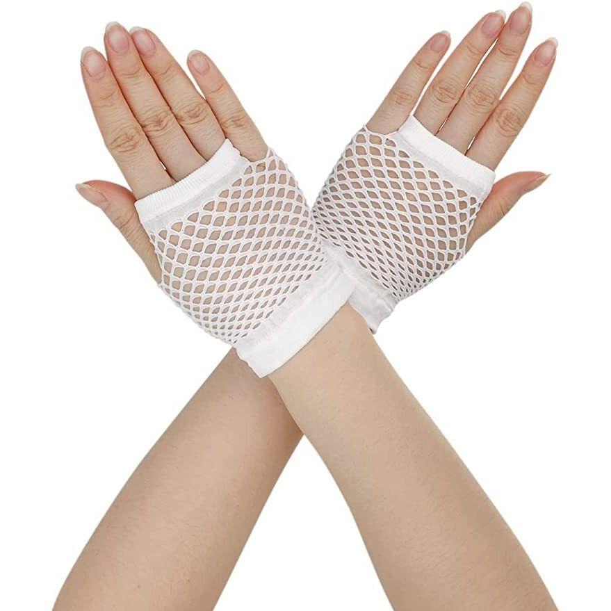 1 Pair Fishnet Gloves Fingerless Wrist Length 70s 80s Costume Party Dance -White