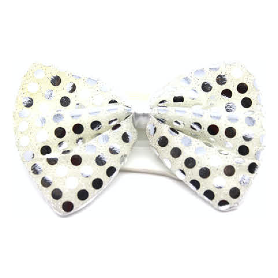 SEQUIN BOW TIE Polka Dots Bowtie Party Unisex Costume 13cm x 9cm Clown - White/Silver