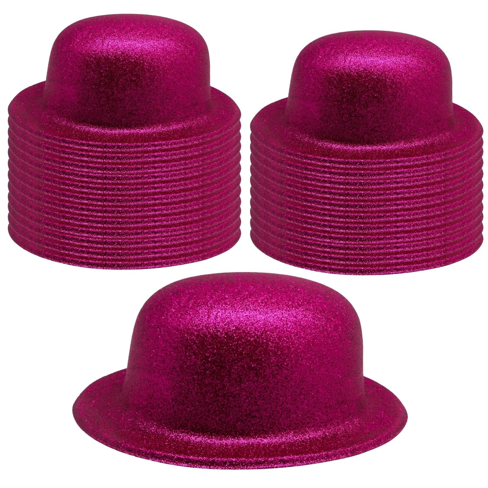 24x GLITTER BOWLER HAT Fancy Party Plastic Costume Cap Fun Dress Up Sparkle BULK - Hot Pink