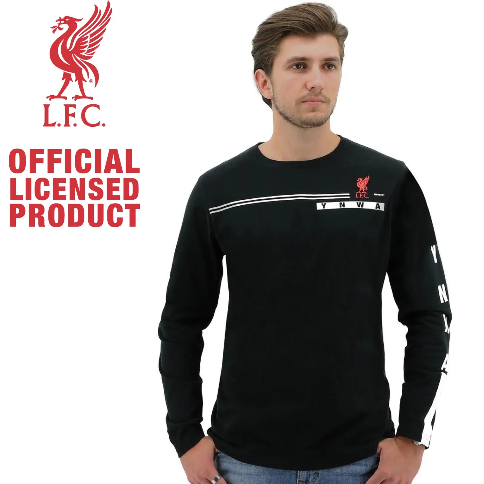 Liverpool FC Mens Long Sleeve Crew T Shirt Tee Top Soccer Football YNWA - Black